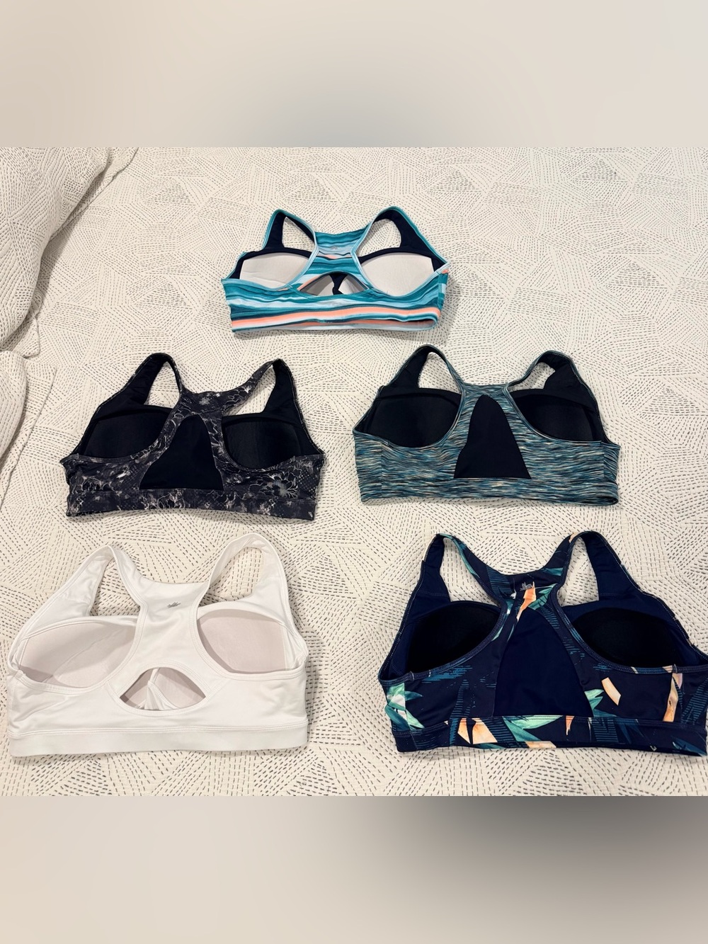 Sports Bra Bundle -White, Navy tropical, Teal stripes x2 patterns, Black flowers - Picture 2 of 4